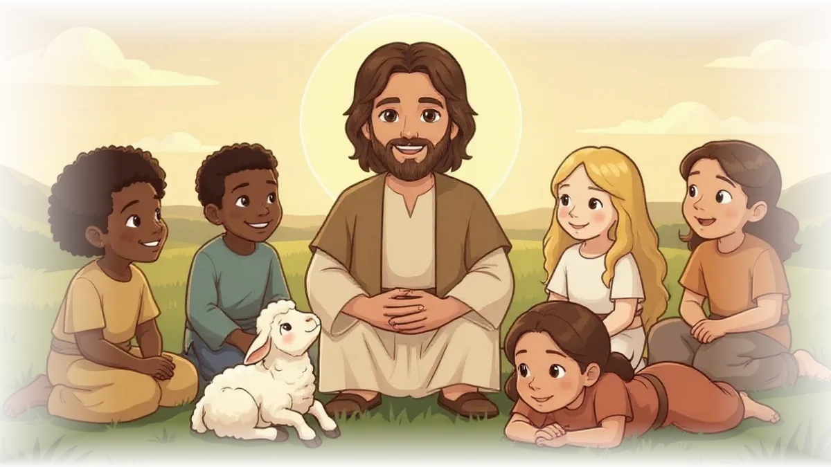 Ilustração: Jesus sentado na grama conversando com cinco crianças e um cordeirinho