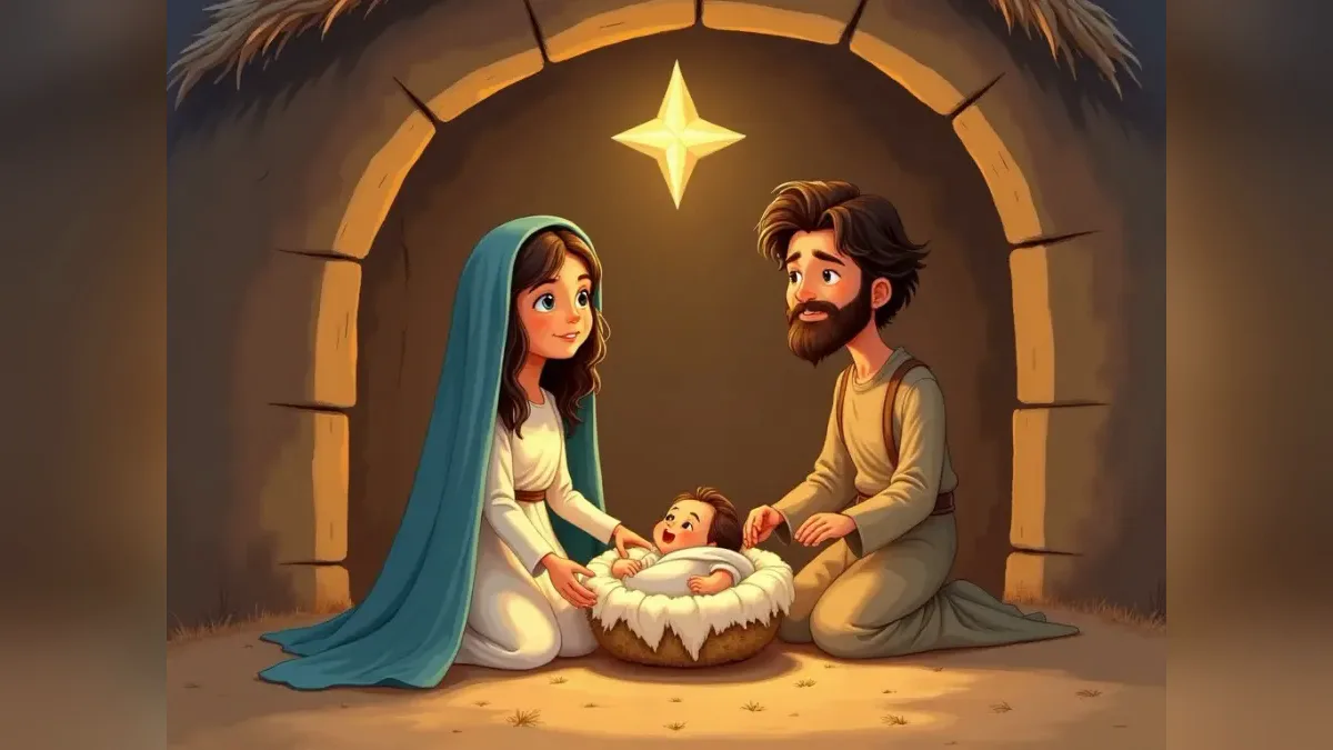 Ilustração do artigo: Maria e José junto da manjedoura, com o bebê Jesus e a estrela acima