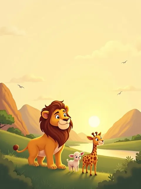 Ilustração da criação: um leão, um cordeirinho e uma girafa num campo ao amanhecer