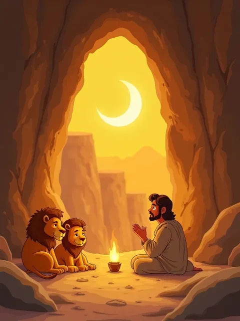 Ilustração de Daniel orando entre leões mansos