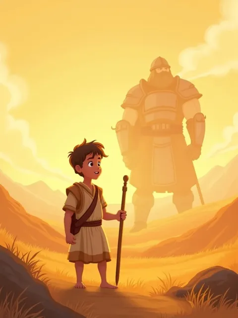 Ilustração de Davi diante de Golias ao pôr do sol