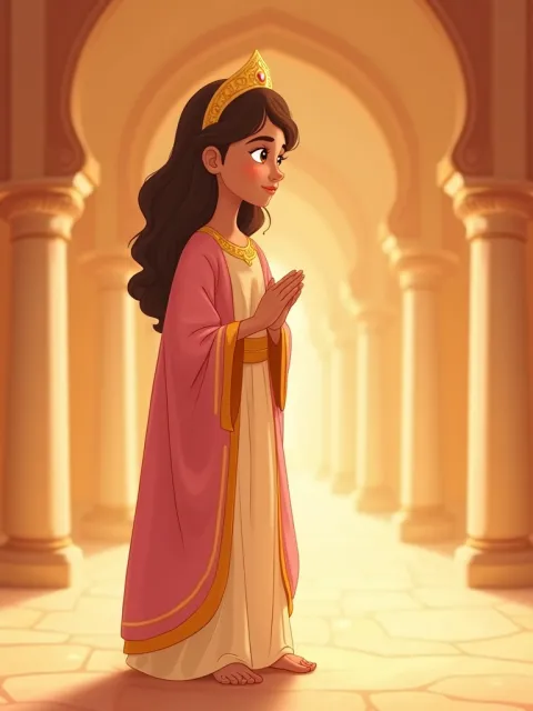 Ilustração da rainha Ester no salão dourado do palácio