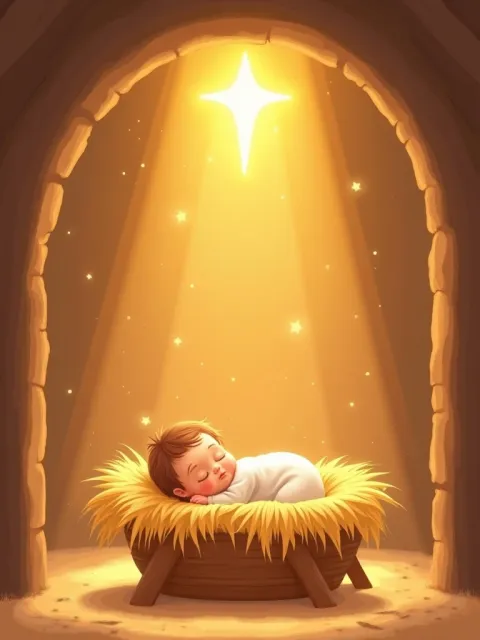 Ilustração do menino Jesus na manjedoura sob a estrela