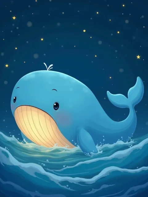 Ilustração de uma baleia amigável no mar estrelado