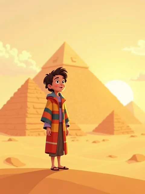 Ilustração de José com a túnica colorida diante das pirâmides