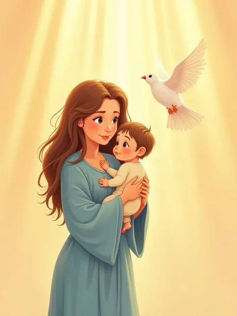 Ilustração de Maria segurando o menino Jesus com uma pomba