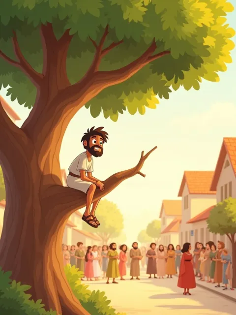 Ilustração de Zaqueu sentado no galho de uma figueira sorrindo para a rua