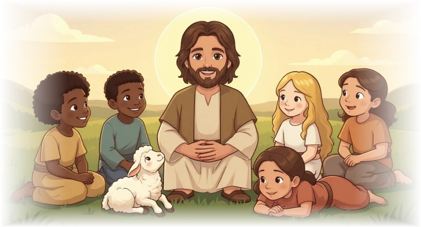 Jesus sentado na grama, cercado de crianças de diferentes idades e do cordeirinho