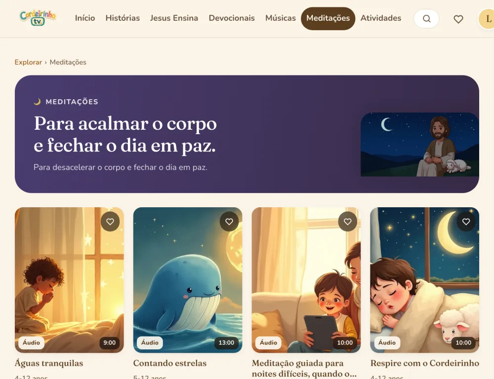 Tela de meditações para dormir, com áudios de 9 a 13 minutos