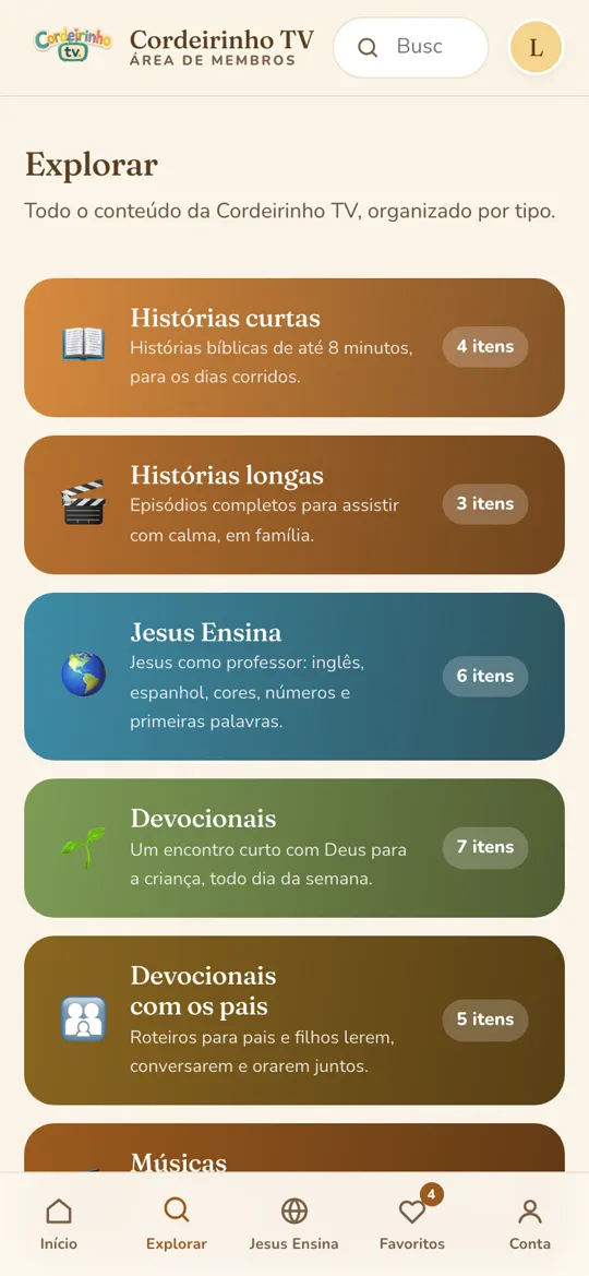 Tela Explorar, com todas as categorias