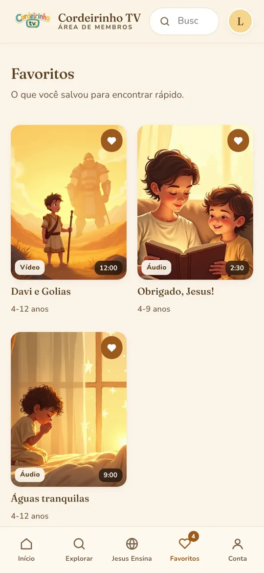 Tela de favoritos, com o conteúdo salvo pela família