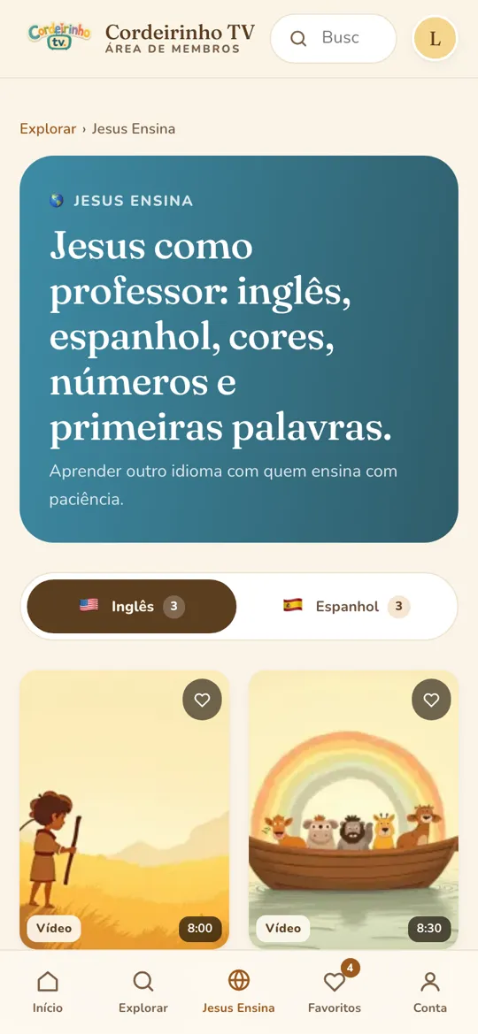Tela do Jesus Ensina, com as abas de inglês e espanhol