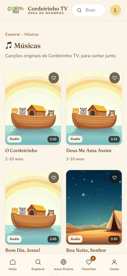 Tela de músicas do Cordeirinho TV